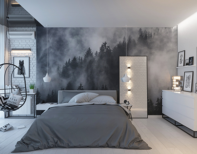 bedroom,black, white, gray, fog