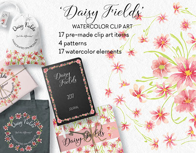Watercolor clip art bundle designed with pink daisies