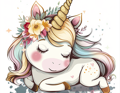 Sleeping Unicorn With Gold Corn And Flowers