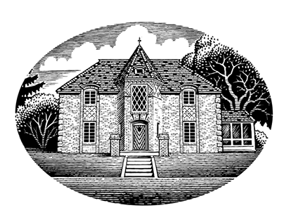 A pen and ink drawing of a brick house -by Ken Jacobsen