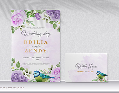 wedding card with purple flowers theme