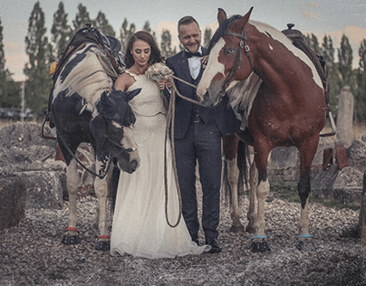 Brautpaar Fotoshooting mit Pferden