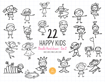 Smiling kid figures in many postures , happy hand drawn