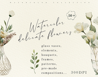 Watercolor delicate flowers set