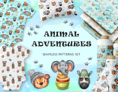 Seamless patterns for kids "Animal adventures"
