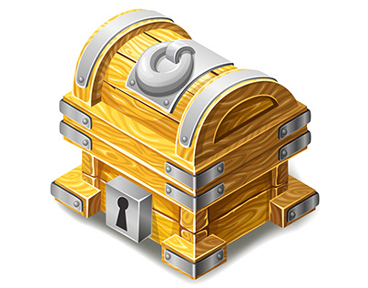 Isometric pirate treasure chests. Vector game elements.