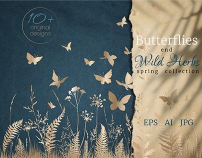 Butterflies and wild herbs spring collection. EPS10.