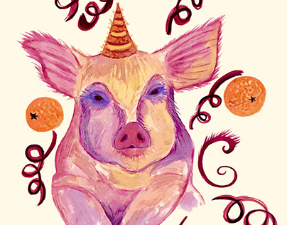 New Year Postcard-2 (Pig and oranges)