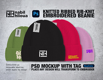 embroidered KNITTED RIBBED Rib-knit beanie PSD mockup