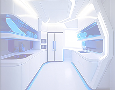 Futuristic smart white kitchen with blue led light