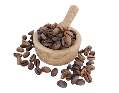 Coffee beans in wooden bowl