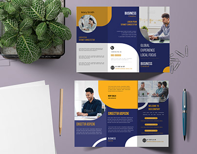 trifold brochure design. Free Mockup available.