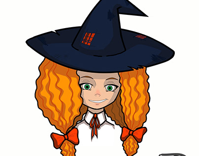 young witch with a big hat and ginger hair