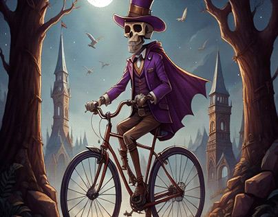Spooky Fun Skeleton Bicycling Through Graveyard