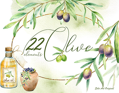 Watercolor set of Olive tree.