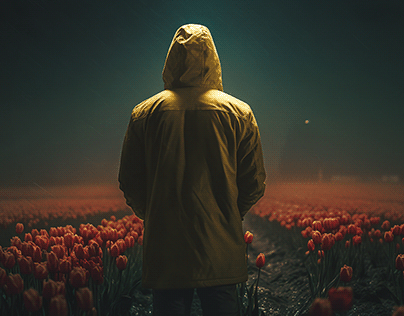 Man in yellow jacket on tulip field