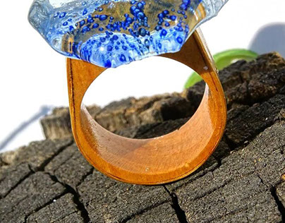 Delicate Blue Ring; wooden ring with fused glass