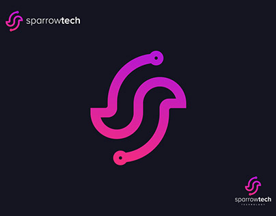 Technology logo design, letter s + sparrow + tech icon