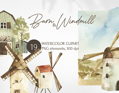 Watercolor clipart Barns and Windmills