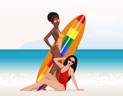 Woman on Beach with Surfboard Vector Illustration
