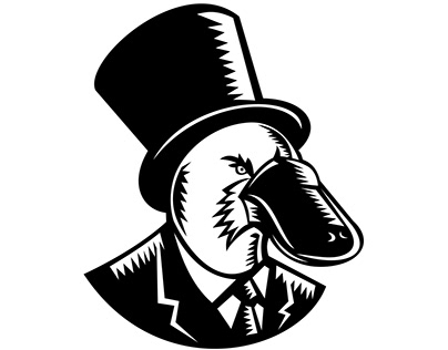 Platypus Wearing Tophat Woodcut Black and White