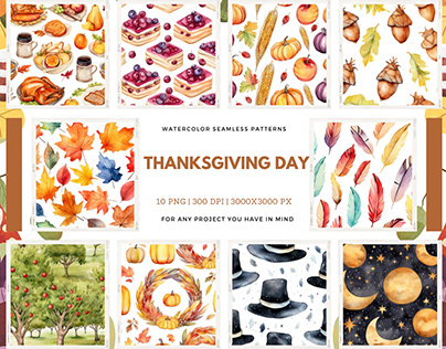 Watercolor Thanksgiving Day Seamless Patterns