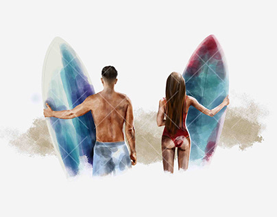 Surfing. Girl and young guy with a surfboard