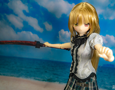 Sandy beach, girl and sword
