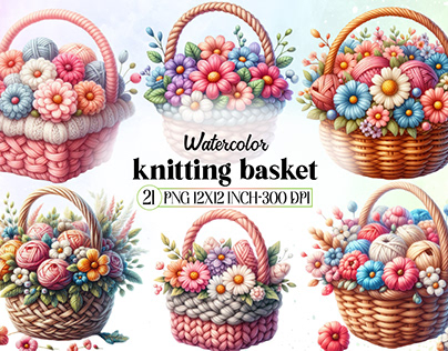 Watercolor knitting basket clipart