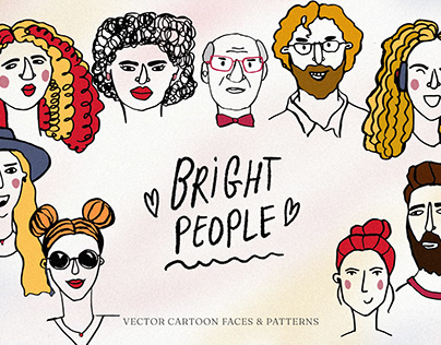 Bright people vector hand drawn cartoon faces