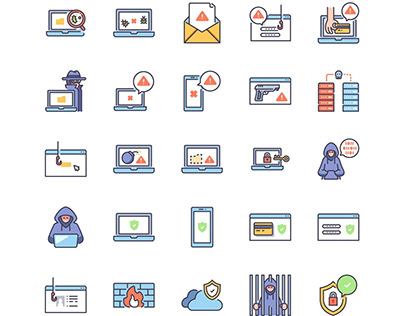 Cyber crimes and Protection icon set