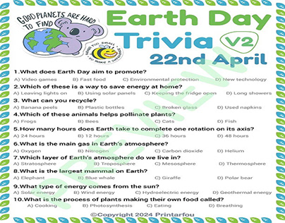 Earth Day Trivia 22nd April For Kids and Adults V2
