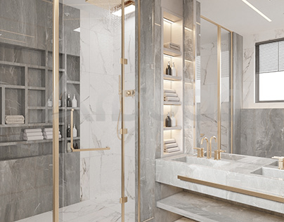 bathroom with gray and gold color