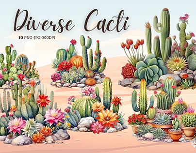 Watercolor Diverse Cacti Bundle