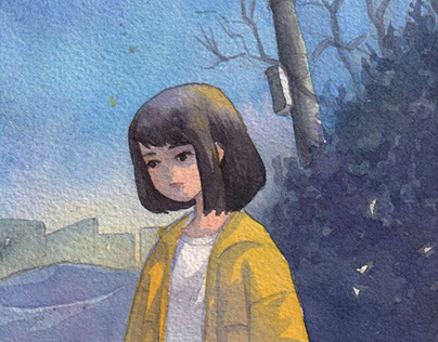 Watercolor illustration of a girl in a yellow raincoat