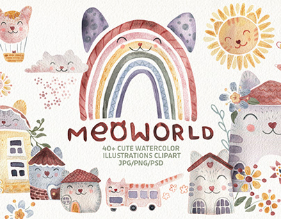 Meoworld. Watercolor houses with cat faces illustration