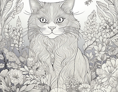 Floral Cat Coloring page for adult