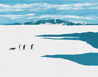 Antarctica Glacier With Penguins-Landscape Illustration