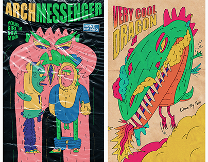 Multicolored dragon and monster illustrations