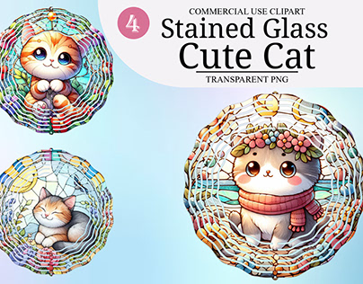 Watercolor Cute Cat Stained Glass Clipart