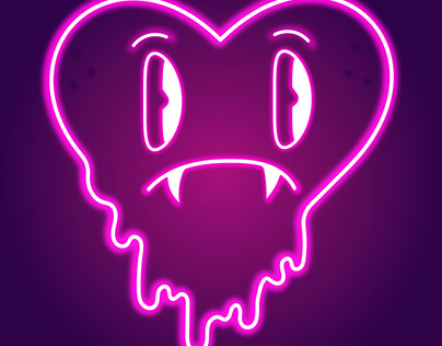 neon pink, sad heart with fangs and smudges