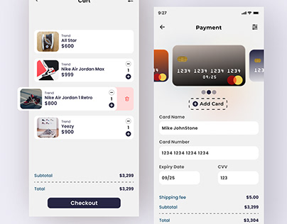 A card checkout page of a shoe store mobile app