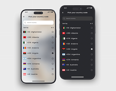 Select or choose country list mobile app design