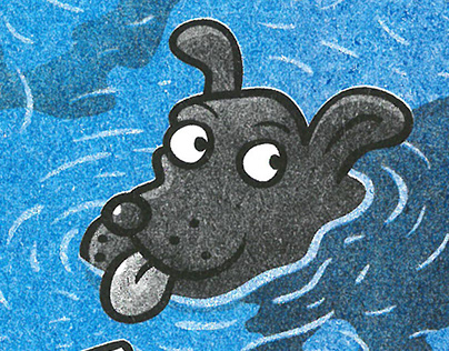 a black dog between big fishes