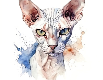 Sphynx Cat Portrait Watercolor Painting