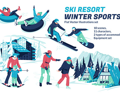 Ski resort flat vector illusrations set