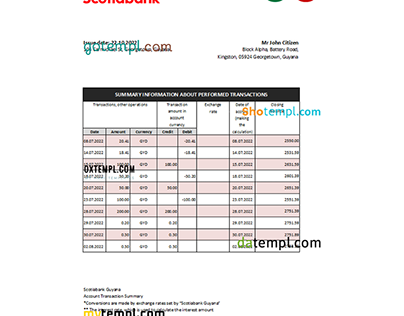Guyana Bank of Nova Scotia statement Excel PDF template