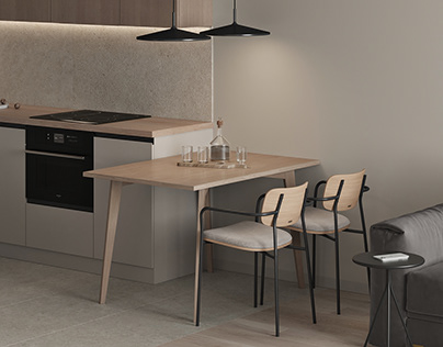 Modern Kitchen & Living Room. beige. wood. black