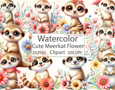 Watercolor Cute Meerkat Flower Clipart
