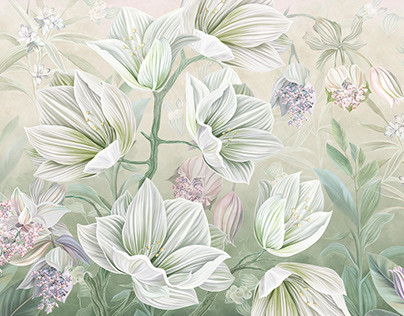 White lilies. Wallpaper picture. H 300 cm